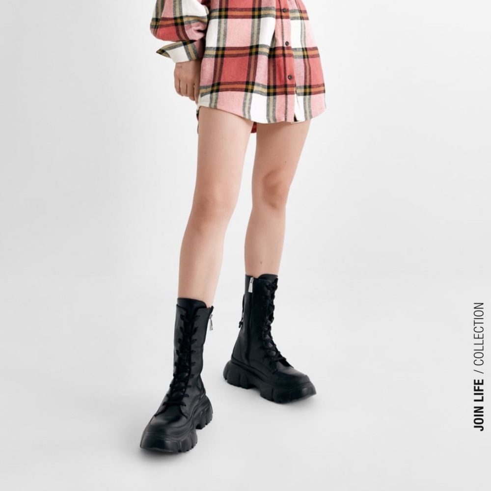 ZARA Low Heel Lug Sole Laced Leather Boots